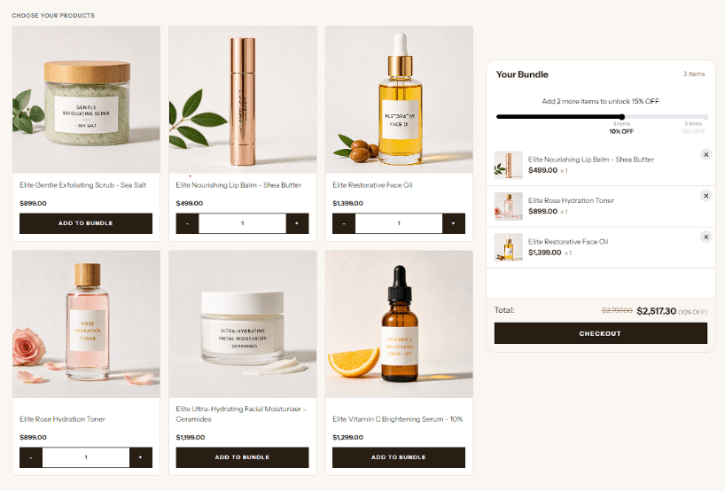 Elite Bundle Builder — product grid with bundle cart on desktop