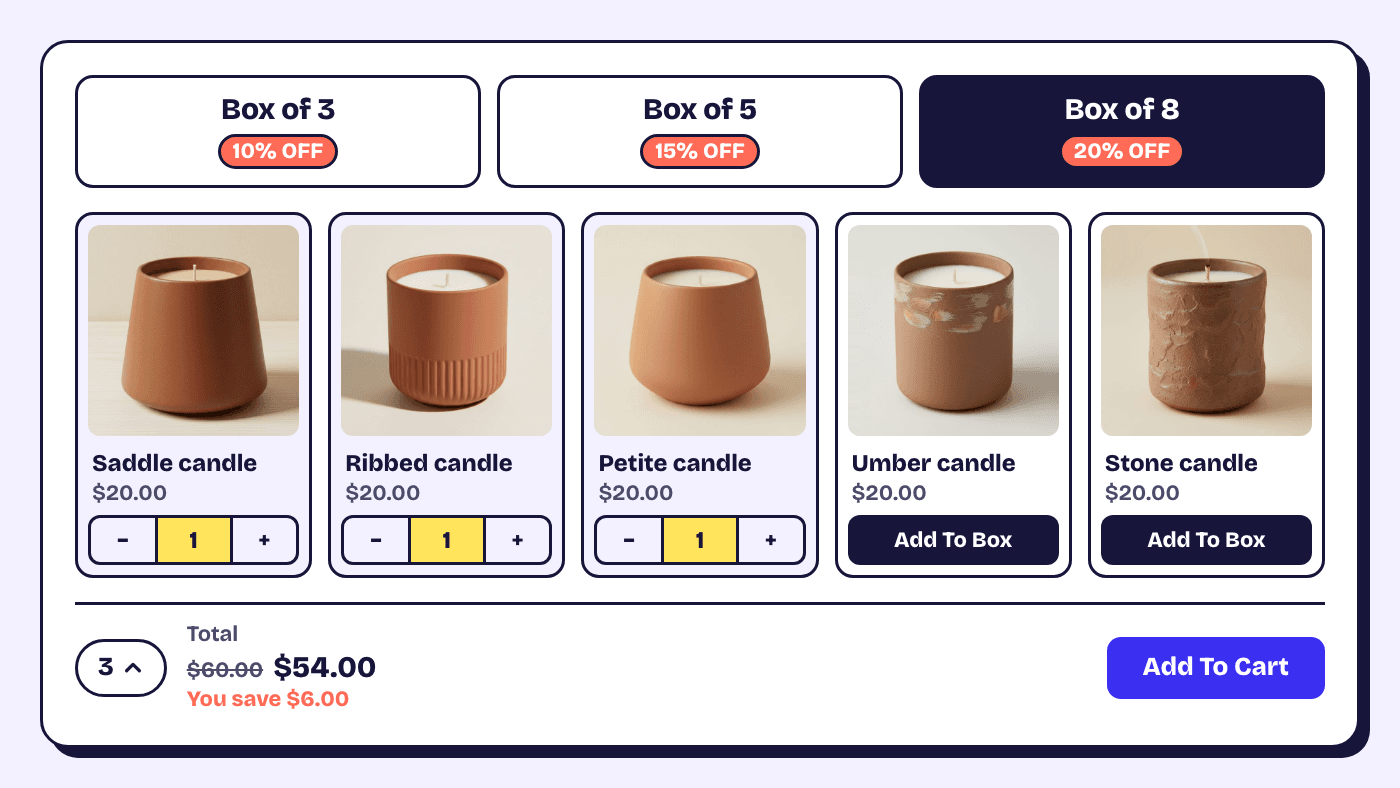 Three box buttons for 3, 5 and 8 items at 10, 15 and 20% off above a grid of $20 candles, the 8 item box selected