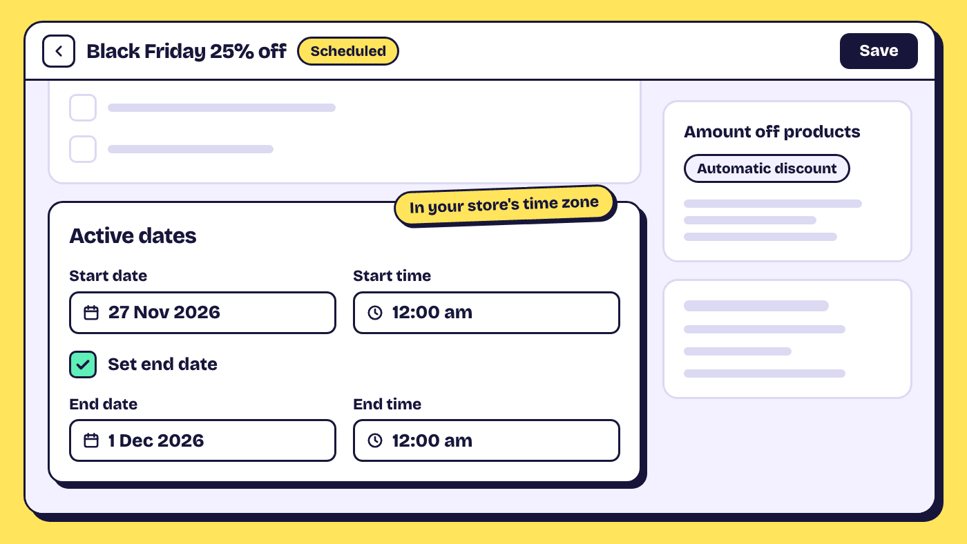 The Active dates section of a Shopify discount with a start of 27 November at 12:00 am and an end of 1 December at 12:00 am
