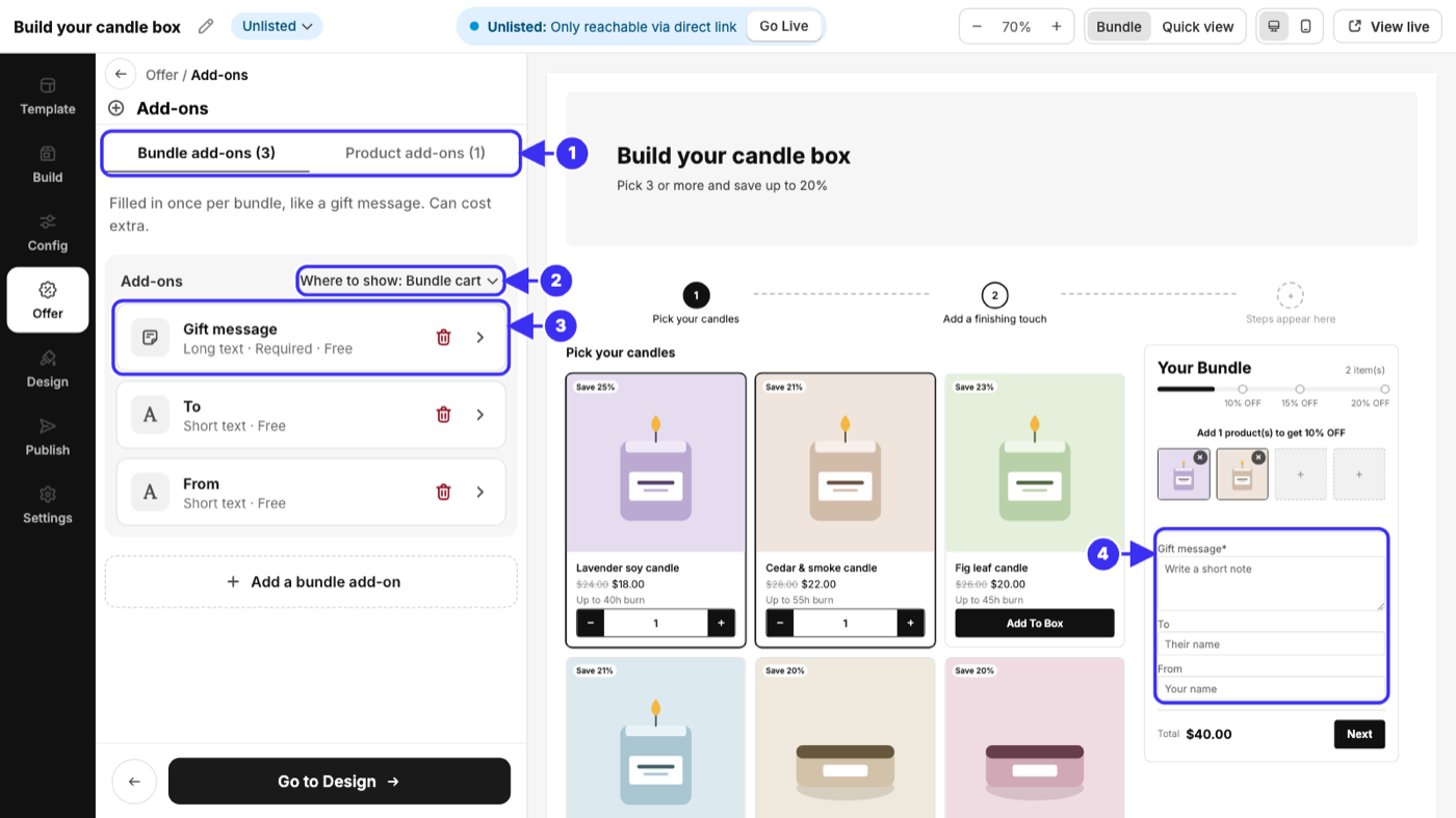 The Add-ons page on the Bundle add-ons tab, with Gift message, To and From in the list and the same fields in the bundle cart preview