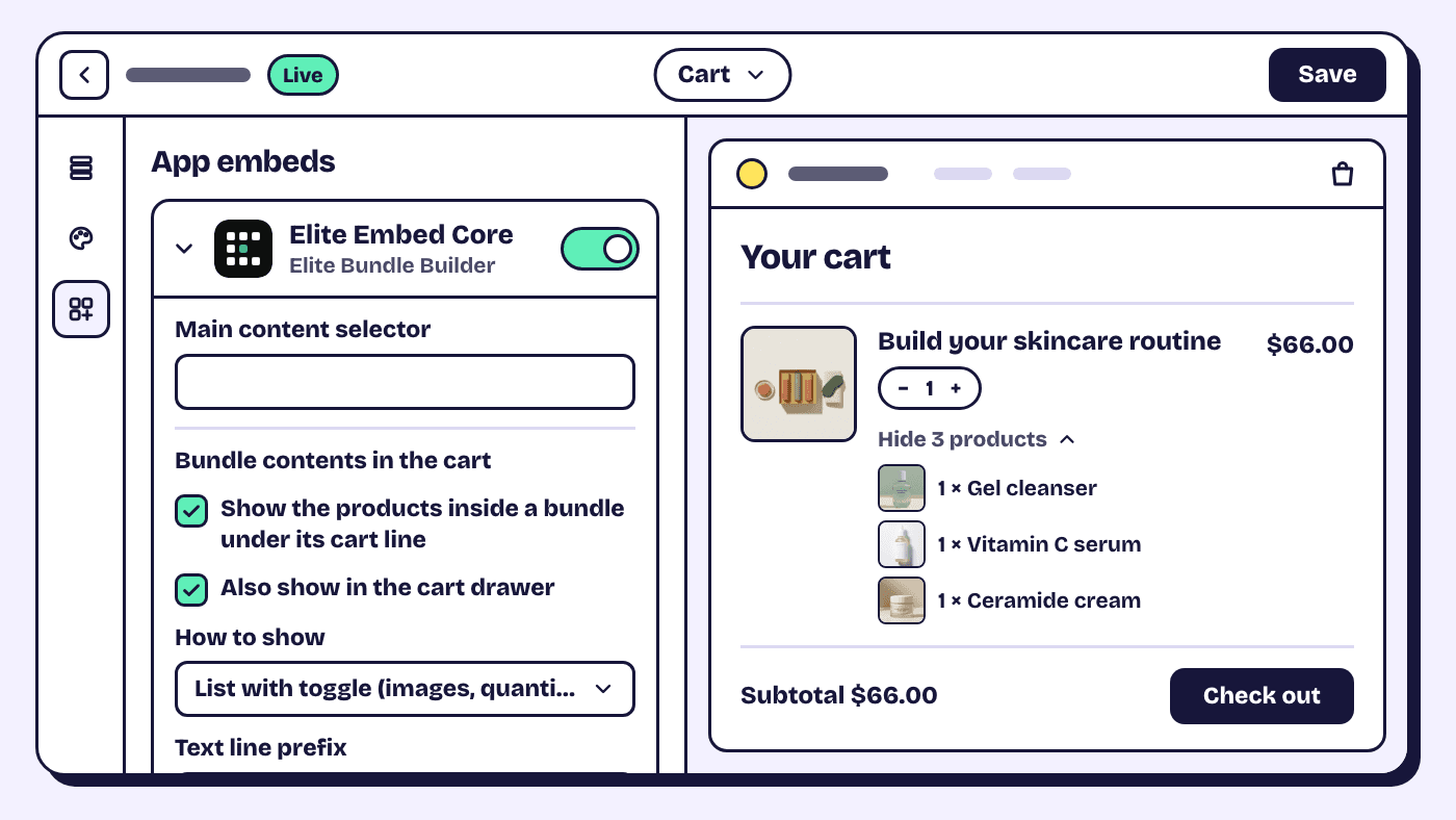 The App embeds panel in the Shopify theme editor with one app embed switched on and its settings expanded