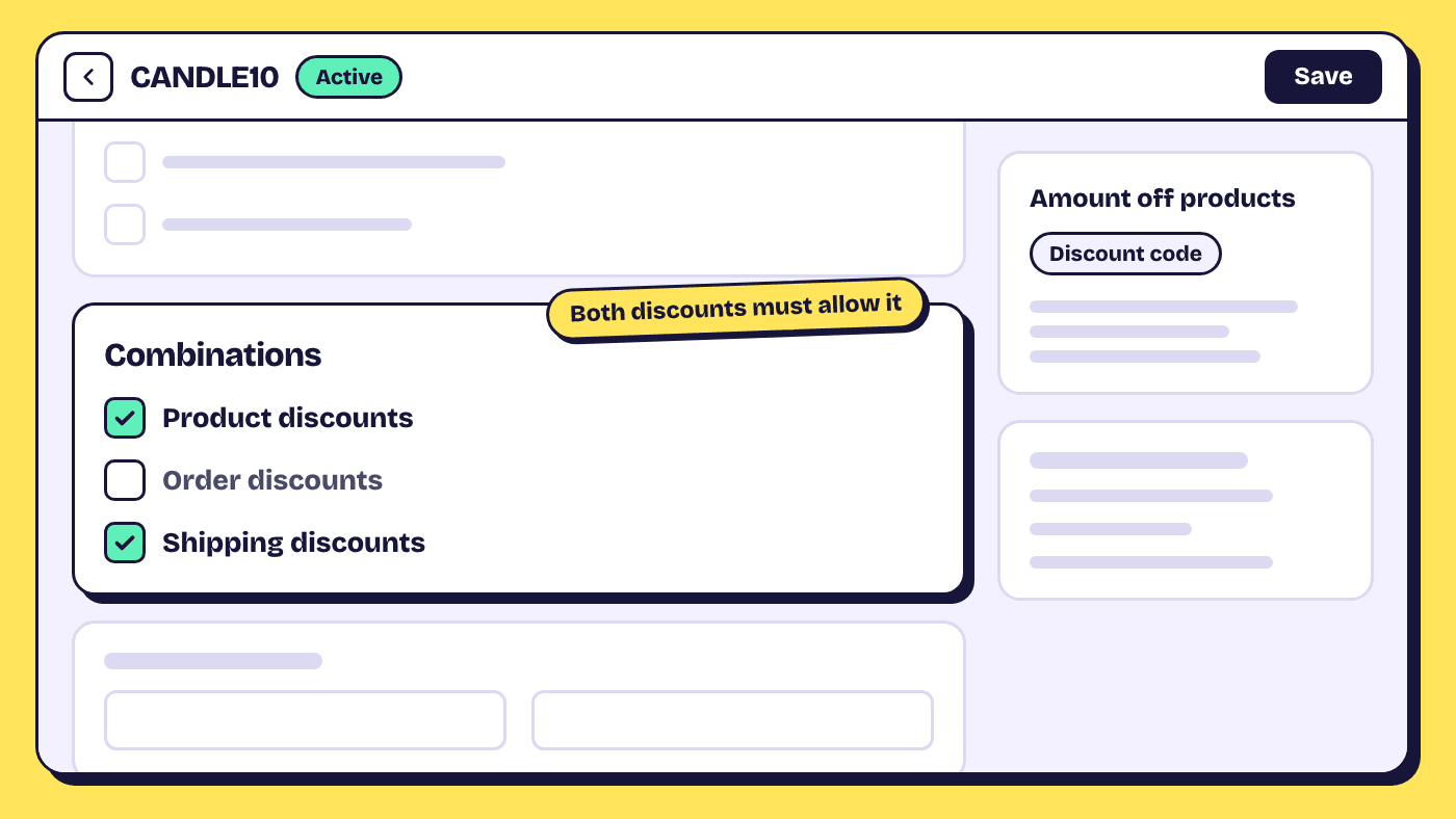 The Combinations section of a Shopify discount with product discounts and shipping discounts ticked and order discounts left unticked