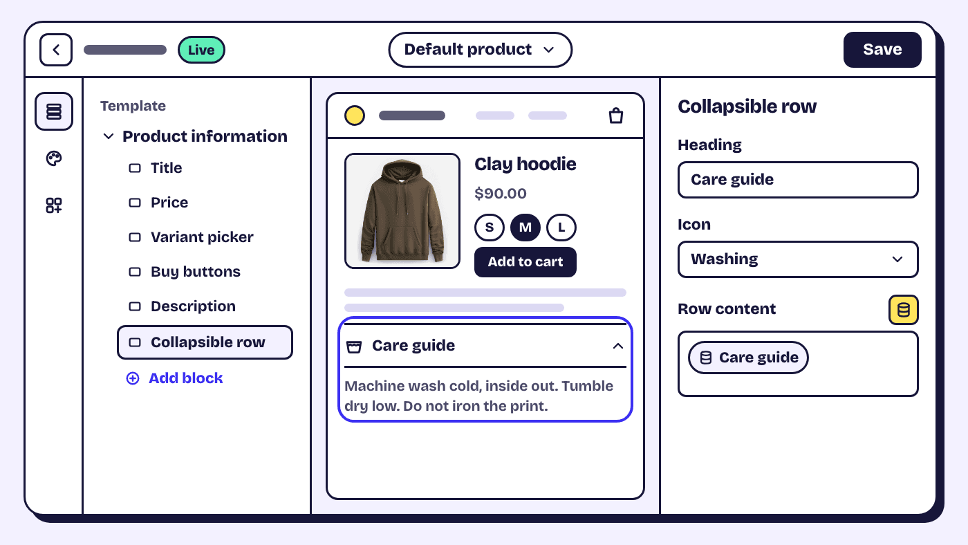 Shopify theme editor with a Collapsible row block selected and its Row content setting connected to the Care guide product metafield